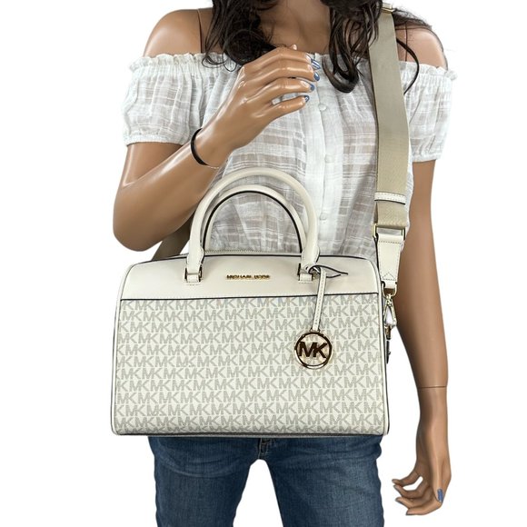 Michael Kors Jet Set Travel Medium Satchel Shoulder Duffle Bag MK Light Cream - Picture 4 of 11